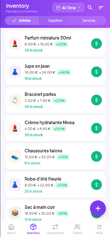 Article list with prices and stock